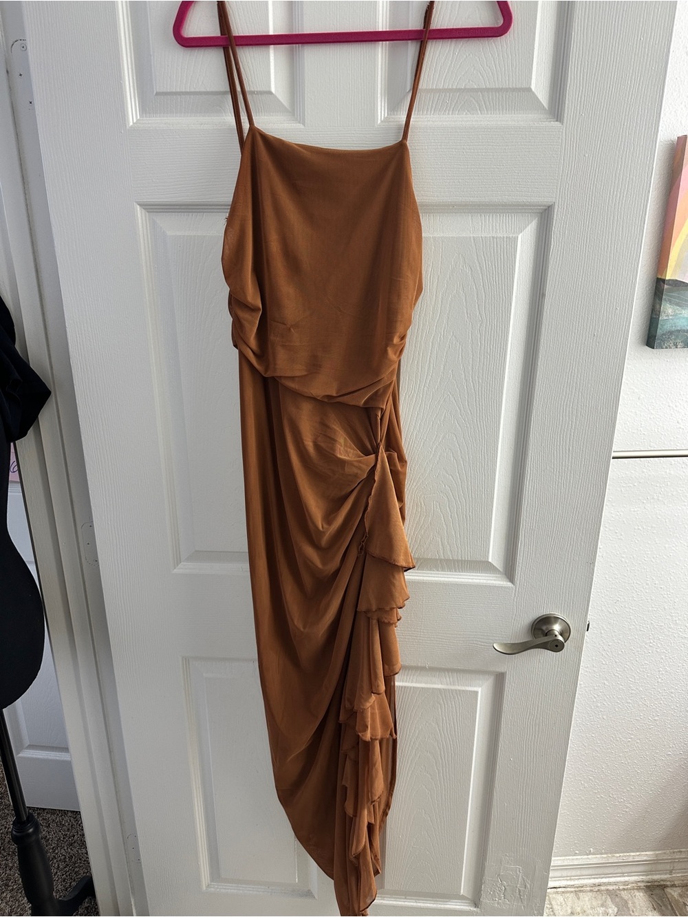 SHEIN Rust Brown Asymmetrical Ruffle Slip Dress